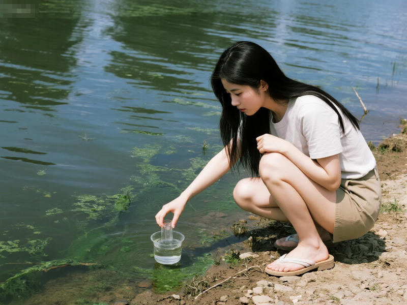 戶(hù)外河水邊正在取水樣準(zhǔn)備化驗(yàn)